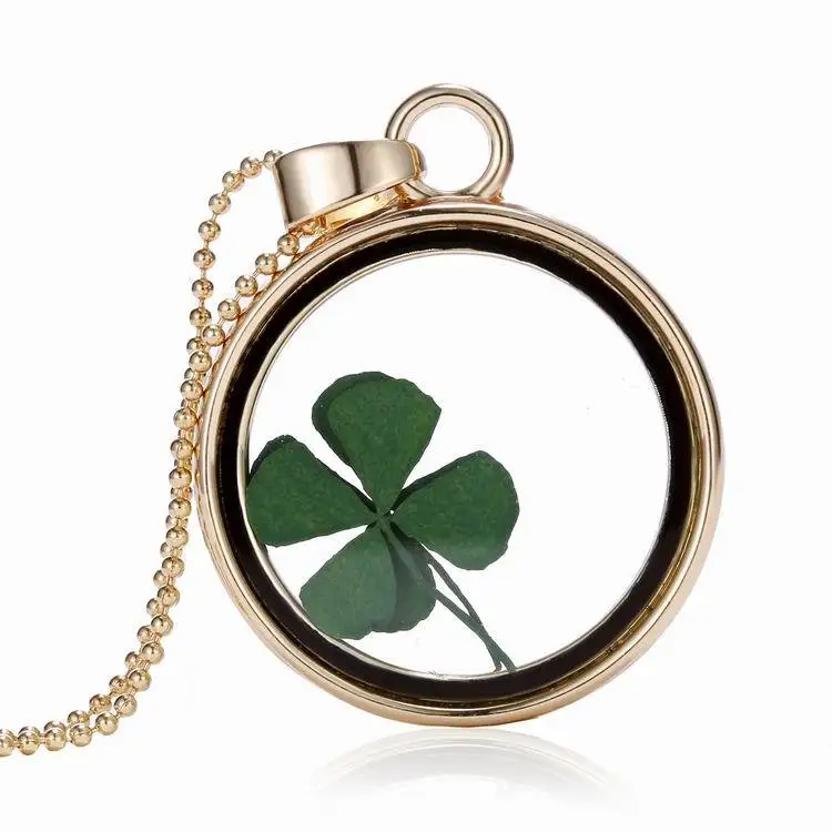 four-leaf clover necklace herbivorous heart round shape pressed
