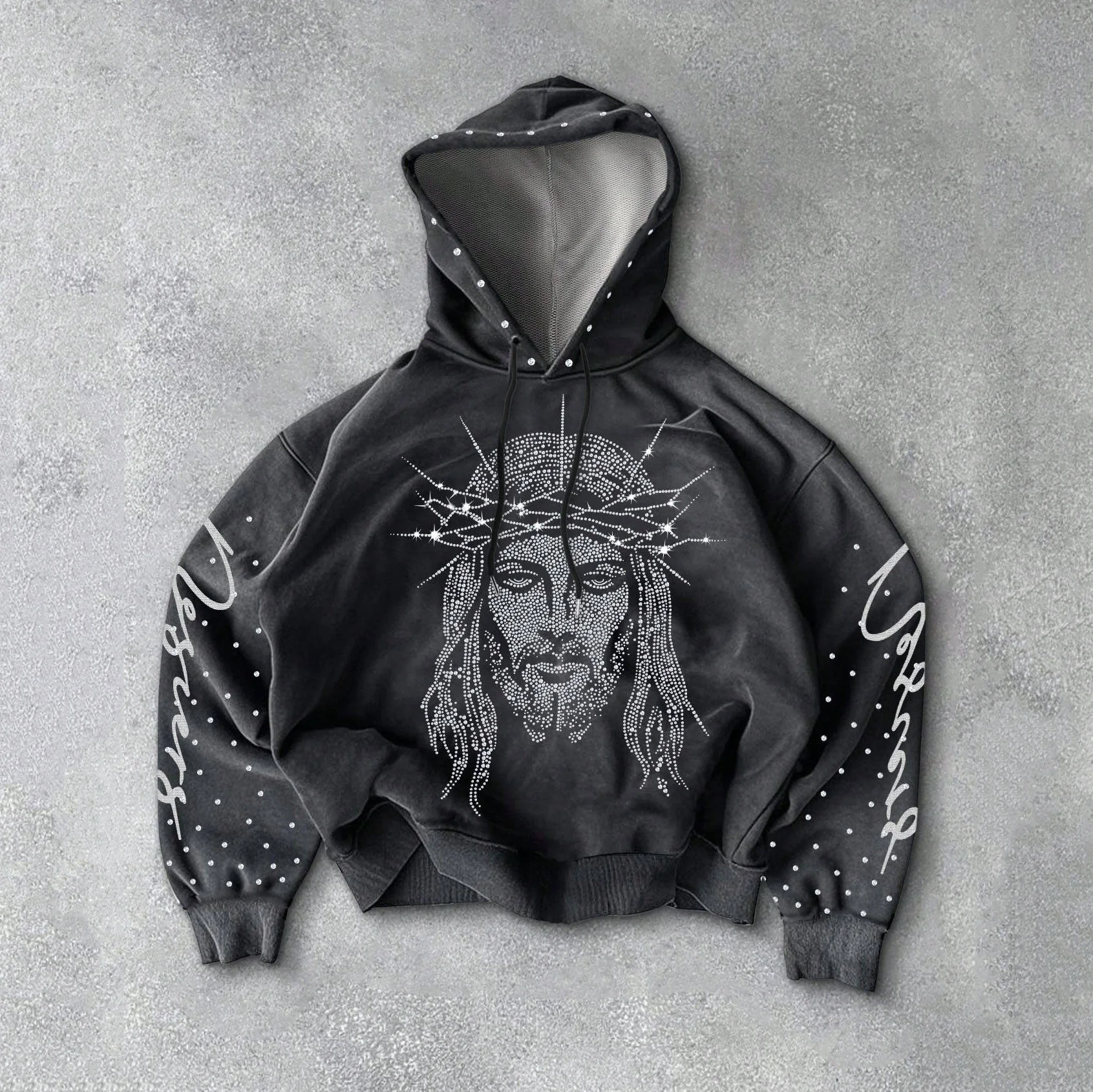 OEM & OBM Manfinity Streetrush Custom Men's Rhinestone Embellished Hoodie Sweatshirt Hoodie Jesus Graphic Design Men's Hoodies gallery 7