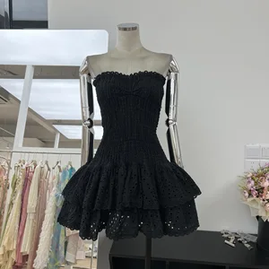 Strapless Eyelet Ruffled  Dress Elegant Off Shoulder Eyelet Lace Short Party Dress