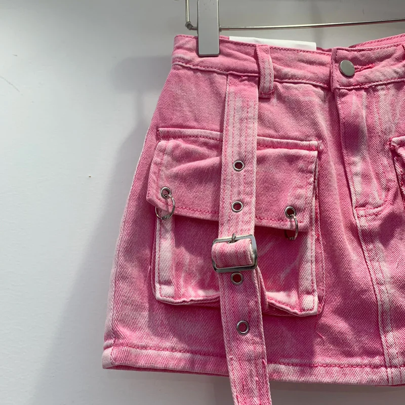 2024年夏物女性向けビッグポケットヴィンテージショートジーンスカート 女性用Aラインミニスカート ストリートウェア風ポケット付きカーゴデニムスカート