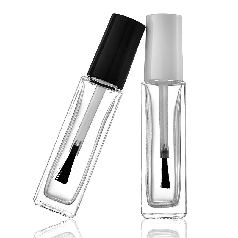 Bouteille rectangulaire en verre transparent de 6 ml vide pour vernis à ongles, bouteille carrée avec pinceau plat et bouchon de vernis à ongles doré métallique