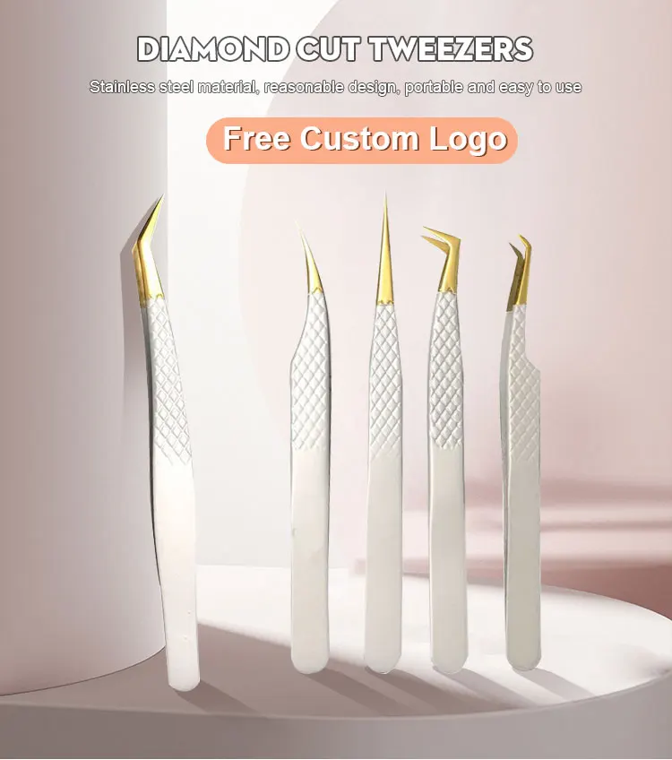 Print Logo Fiber Tip Eyelash Tweezers 45 75 90 Degree Nano Grip