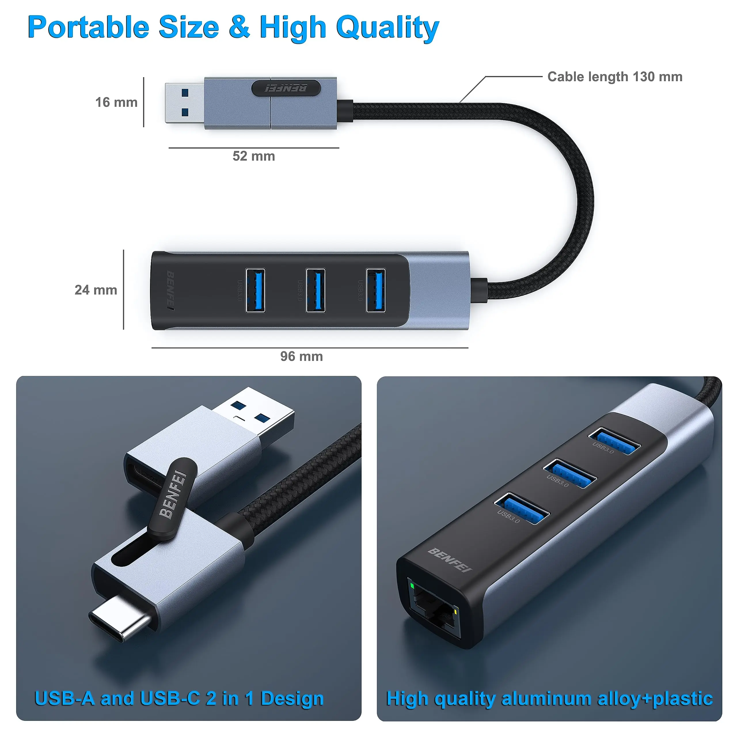 BENFEI 2 In1 USB-C/USB 3.0 to Ethernet Adapter Support 1000Mbps with 3*USB 3.0 Ports