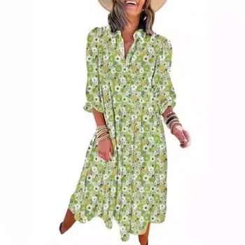 2024 European and United States casual loose sleeve V-neck women's dress bohemian floral flowy A-line fashion ladies dress