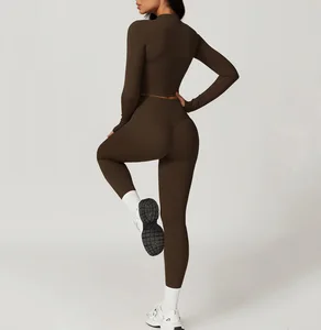 Outdoor Running Workout Gym Leggings Yoga Tops for Women Long Sleeve Zipper Sports Jacket Tops Fitness Clothing Sets