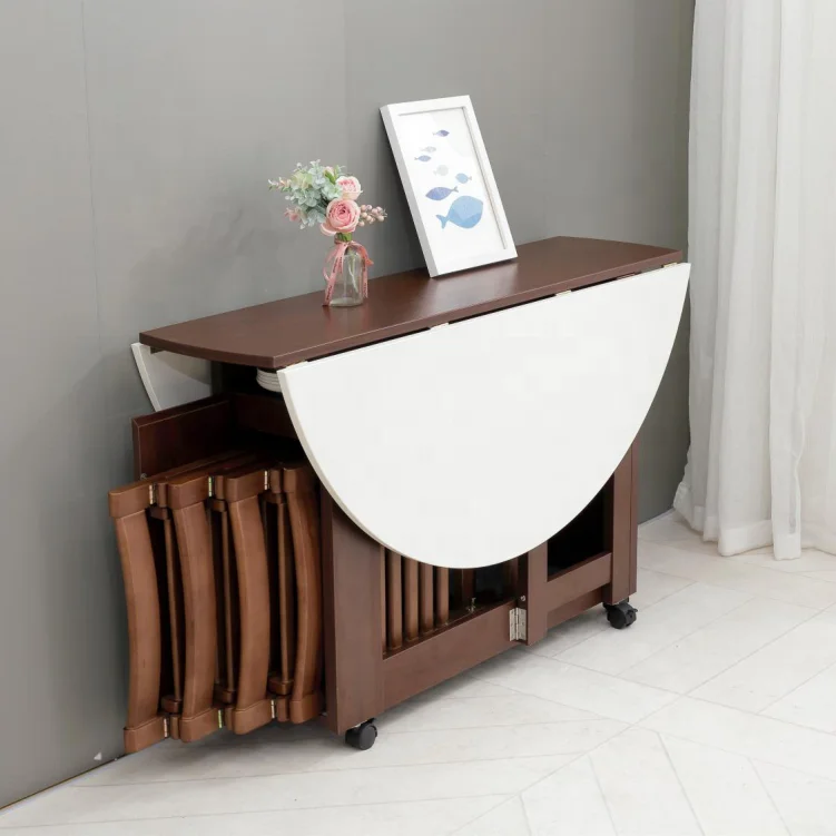 Moveable and Foldable Wooden Round Dining Table
