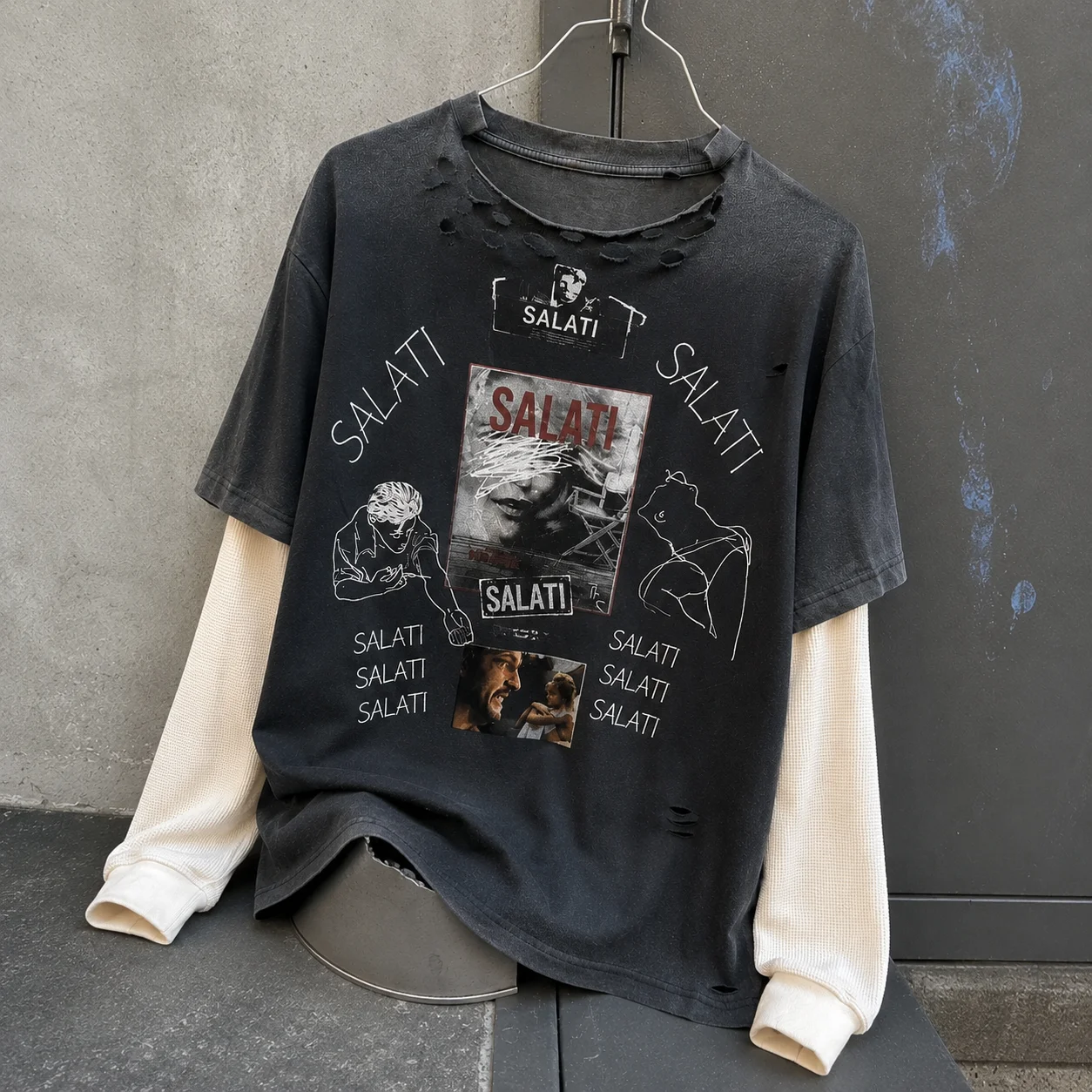 Custom Logo Streetwear Double Layer Long Sleeve T Shirt Waffle Acid Wash Distressed Cotton T Shirt for Men gallery 5
