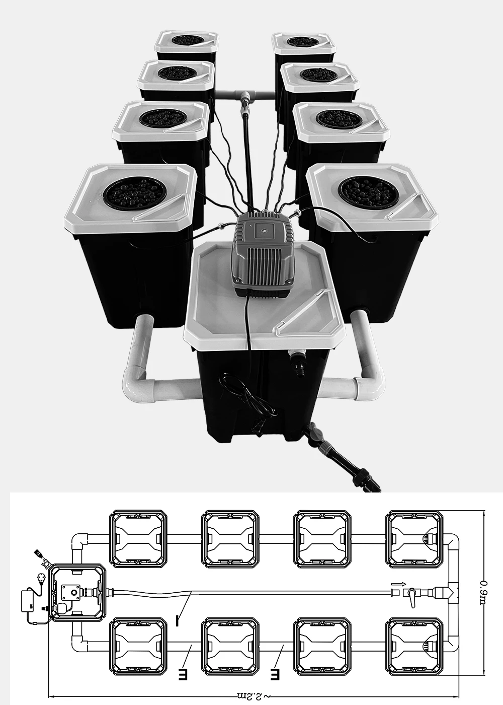 Recirculation Containers RDWC 8 Buckets 27L Recirculating Hydroponic System air Pump and Cycle ...