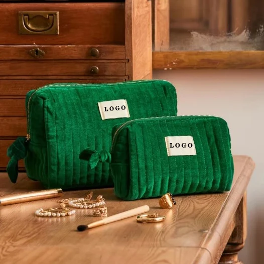 Women Printing Travel Small Cute Soft Zipper Cotton Makeup Pouch Quilted Velvet Cosmetic Bag