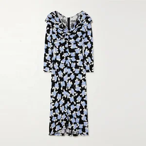 Clothing Manufacturer Custom Spring Summer v Neck Long Sleeve Pleated Floral Print Stretch Jersey Women Elegant Casual Dress