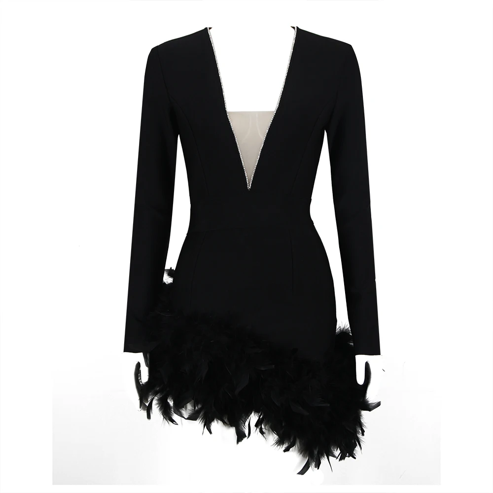 Hot Pink Plunge Neck Long Sleeve Feather Trim Bodycon Mini Bandage Dress  Women's Prom Club Party Wear