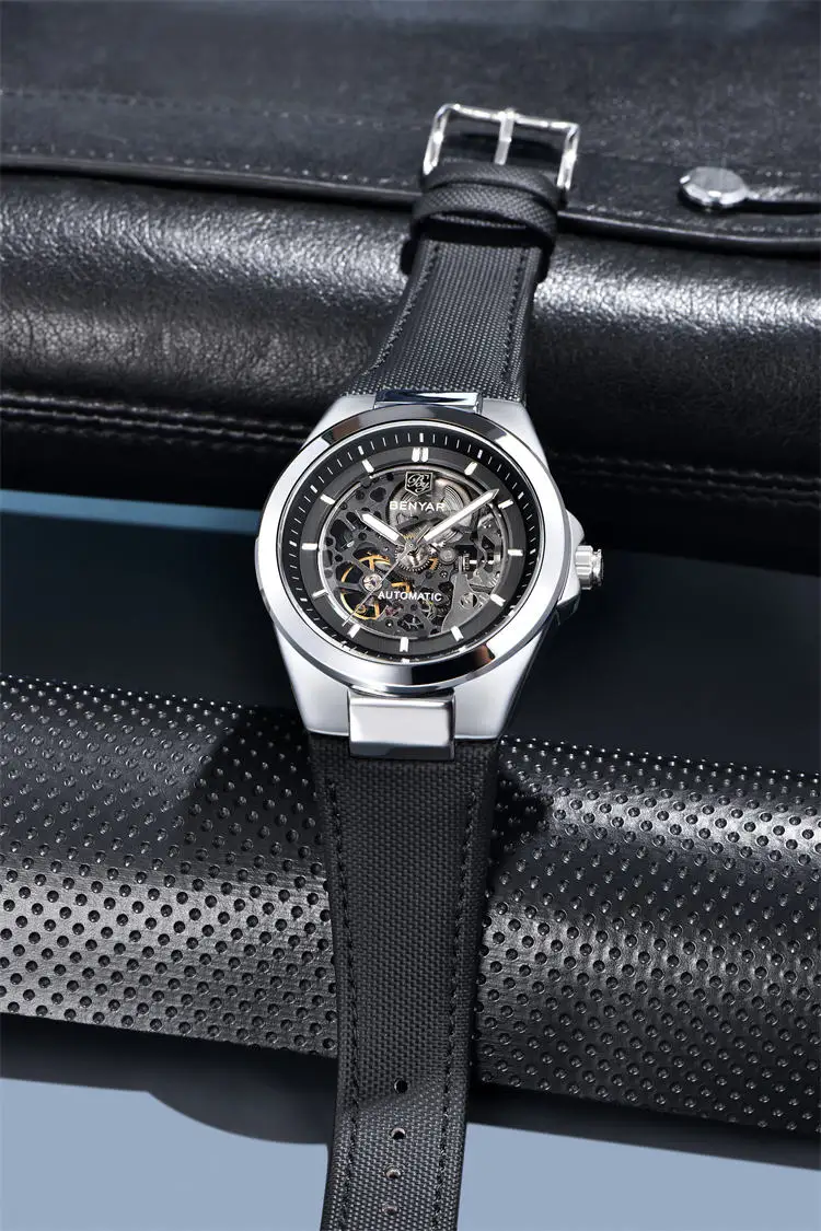 Часы Benyar 5207M, роскошные мужские часы с механизмом, горячая распродажа, ремешок из натуральной кожи, водонепроницаемые, автоматические, полые, деловые часы