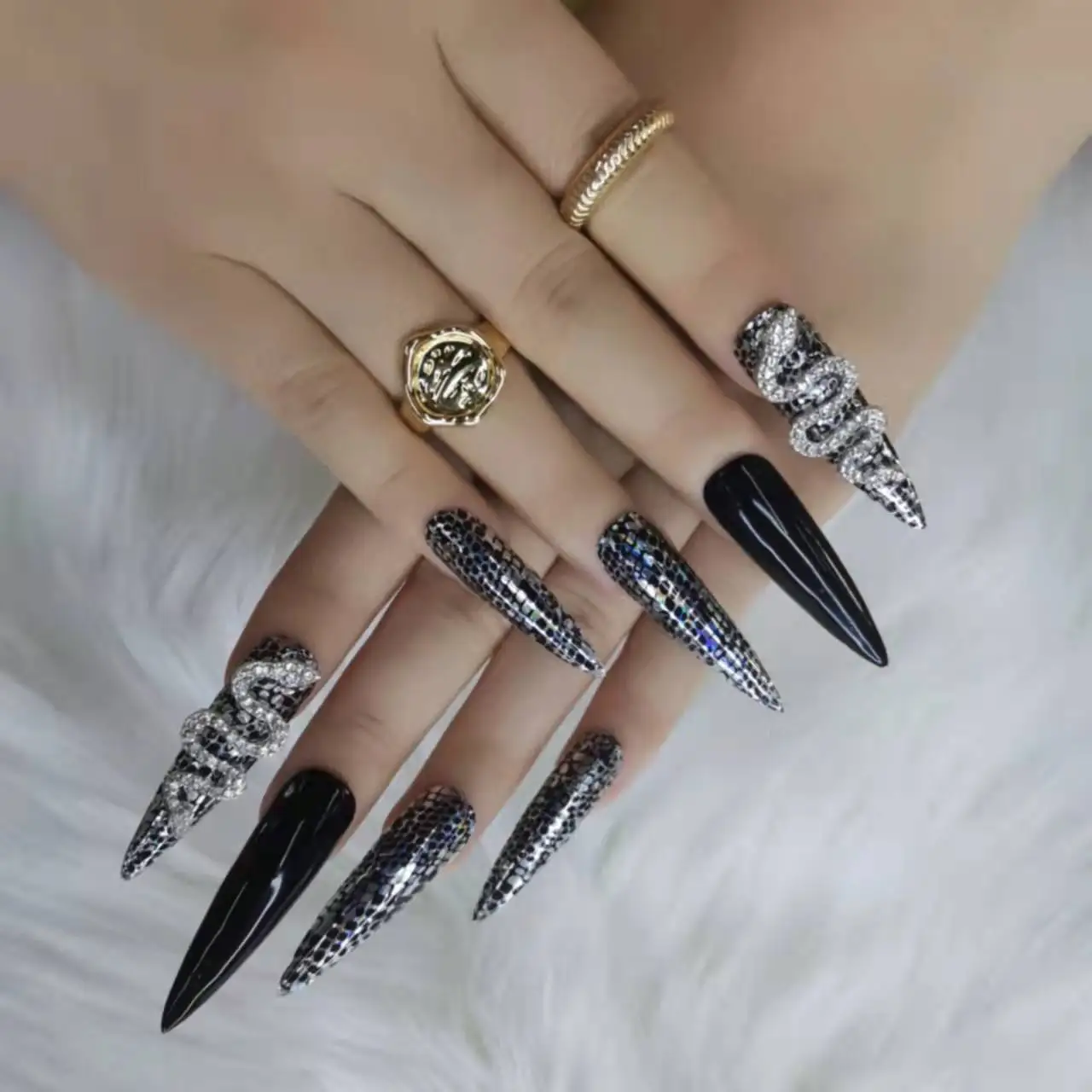 Black and silver stiletto nails with rhinestones and - Depop