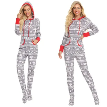 Adult Christmas Pajamas Onesise Women's Christmas Hooded Footed Onesie Pajama Long Sleeve One Piece Pyjamas
