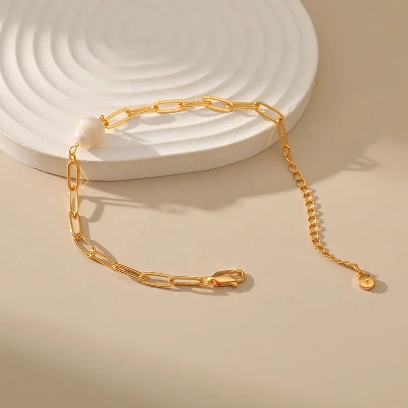 China Factory Made 18K Gold Plated Bracelet Natural Freshwater Irregular Baroqu Baroque Pearl Charm Bracelet Paper Clip Chain