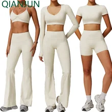 Custom Gym Fitness Long Sleeve Top Yoga Sports Bra Shorts Pants Plus Size Workout Clothing Sets for Women