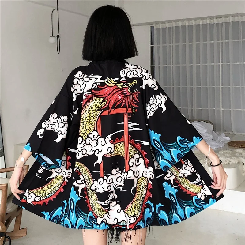 Yukata Haori Mode Anime Dragon Print Japanische Kimono Strickjacke Sommer  Frauen Gürtel Kostüm Kleidung Schwarz Jacke Shirt Cosplay