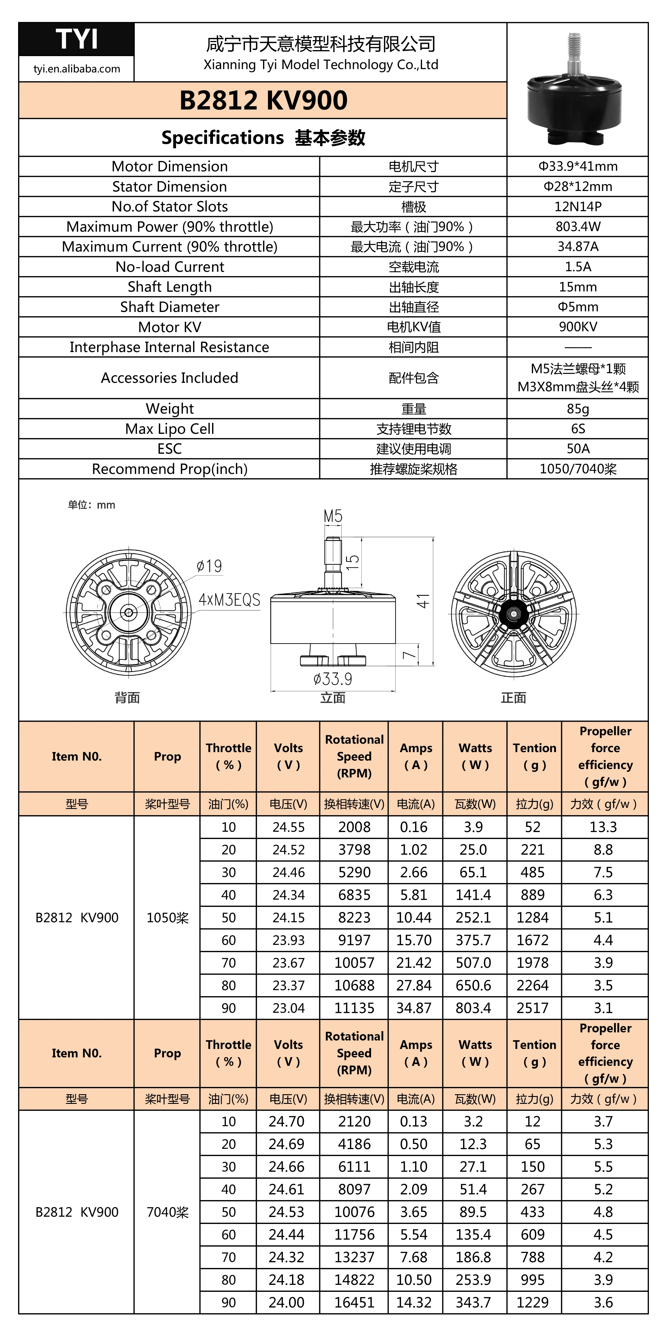 TYI B2812 900KV Brushless Motor 4-6S Mini Portable Generator Electric Fpv Motor for Drone Rc details