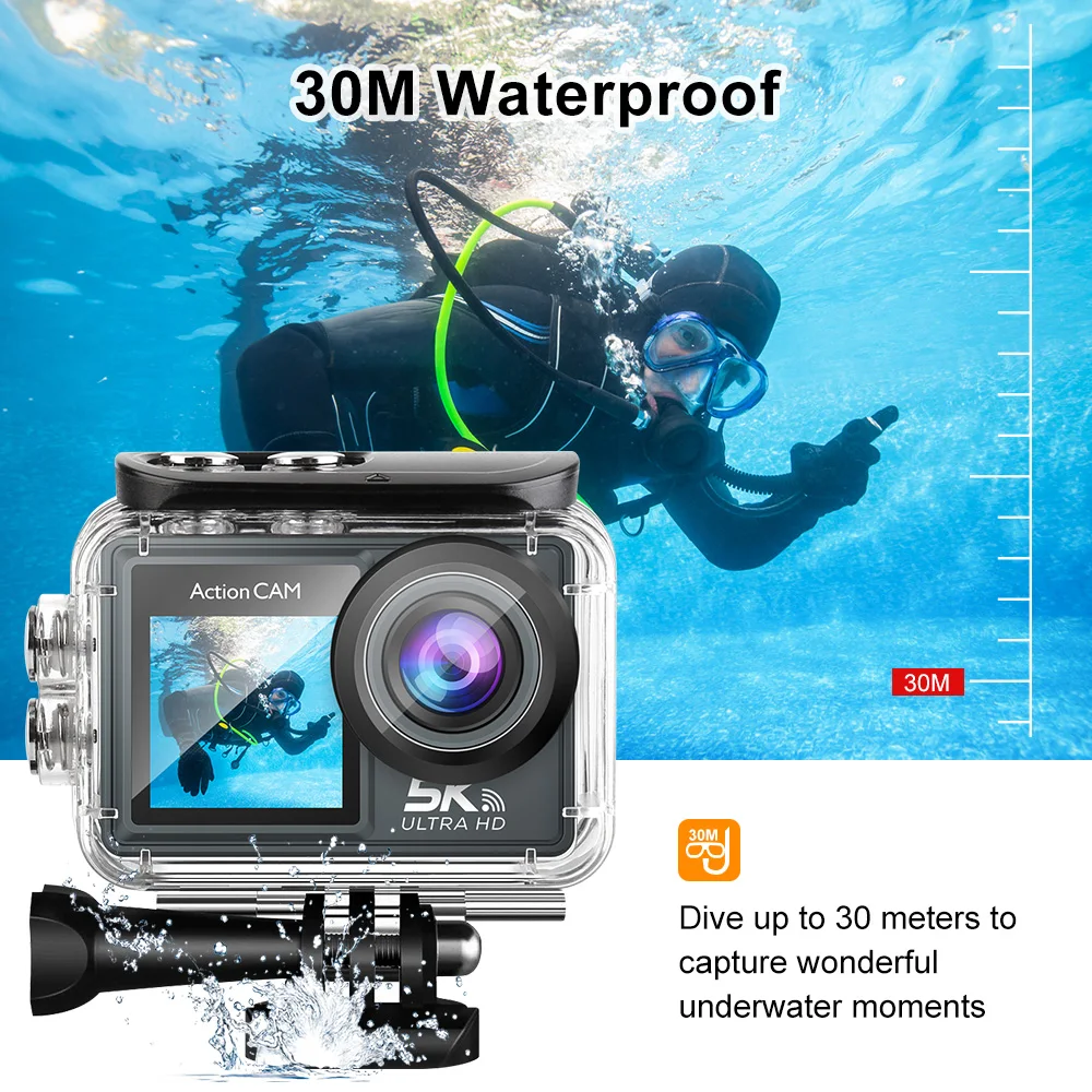 180 Degree Viewing Angle Action Camera Double Screen Deep Diving Action Camera Outdoor Action Camera 60 Fps