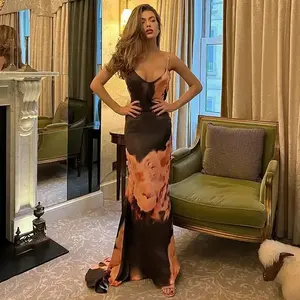 Printed Sling Maxi Dress For Woman Summer Fashion Robes Sexy Backless Slim Bodycon Club Party Evening Long Dresses