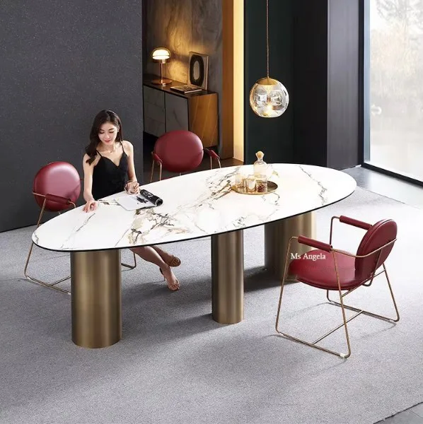 イタリアンデザイン 高光沢オーバルラウンド大理石ダイニングテーブル