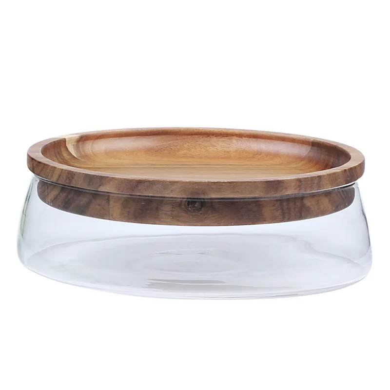 21cm Modern Glass Storage Jar with Wooden Cover Eco-Friendly 8 Inch Plate/Dish Pack for Fruit Dessert Solid Pattern