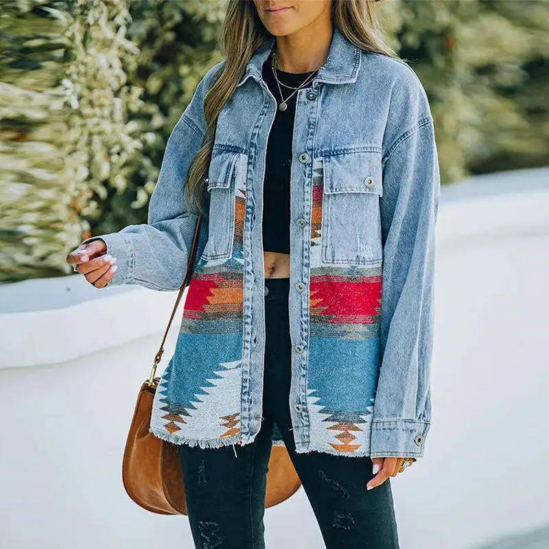 Wholesale Fast Shipping New Arrivals Eco-Friendly Vintage Acid Washed Western Women Clothing Aztec Denim Buttoned Winter Jacket