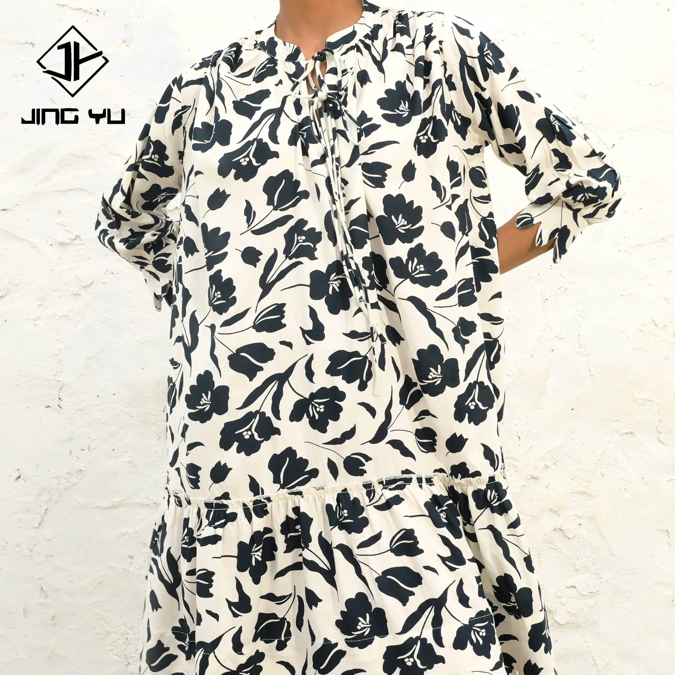 JingYu Hot Sales Custom Design Rayon Loose Polynesian Print Floral Party  Ladies Hawaiian Dress for Women Hawaiian Dress