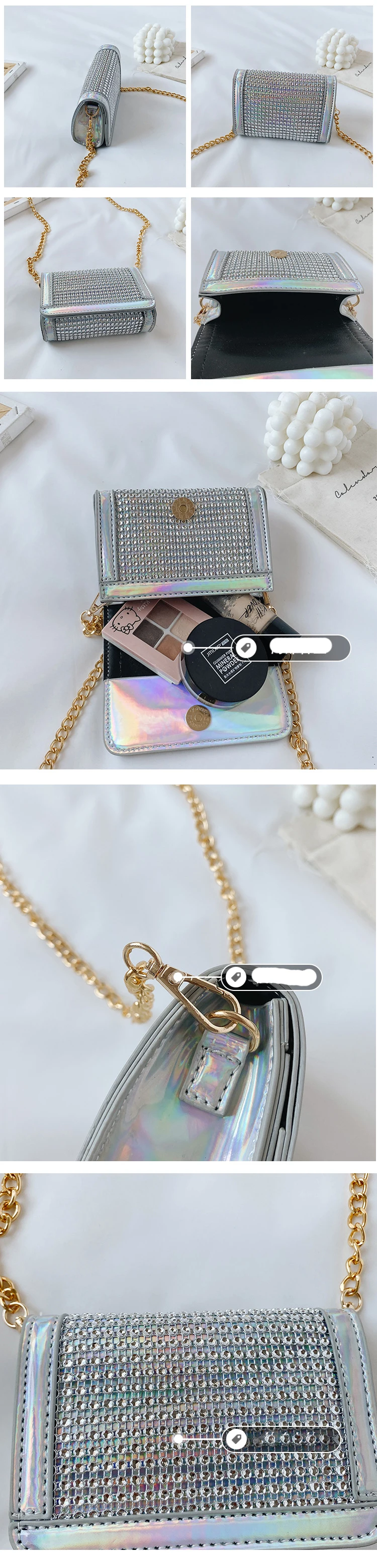 Colorful designer chain messenger girl glitter money purse bling mini bags for kids