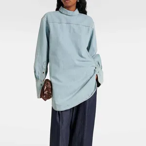 Clothing Manufacturers Custom Spring Summer Autumn Backwards Wear Long-Sleeved Denim Turtleneck Blouse
