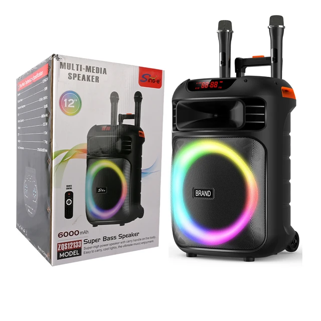 Sing-e ZQS12133 12 Inch High Quality Karaoke Portable Multifunction Trolley Dual Wireless Microphone Speakers RGB LED Lighting