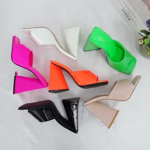 BUSY GIRL SY01 Women's Bright Orange Patent Leather Block Heel Sandals Open-Toe High Heels for Summer Fashion and Party Events