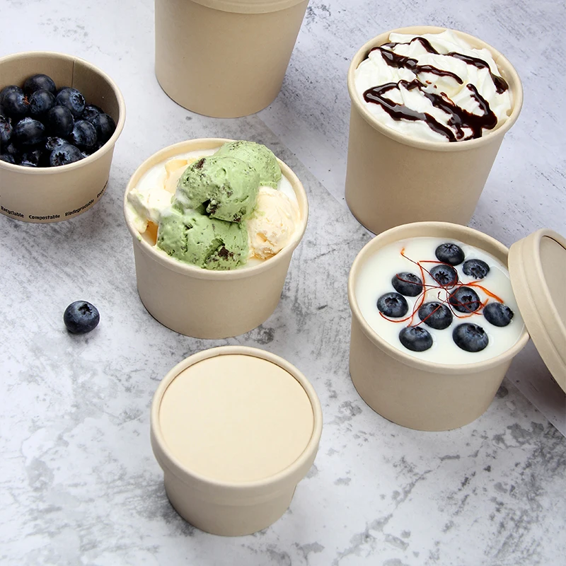 Wholesale Eco Friendly Custom Printed Logo Takeaway Paper Bowl Food Grade Paper Ice Cream Yogurt Cups with Lid details