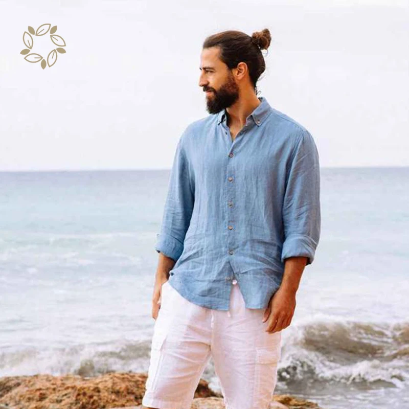 Organic linen shirt for men eco friendly shirts casual camisas  for men sustainable linen long sleeve button shirt