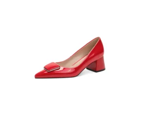 Elegant Classic Red Patent PU Pointed Toe Block Heel Pumps with Decorative Buckle