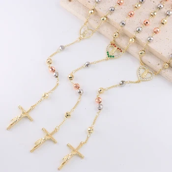 Religious Jewellery Christian Bead Tricolor Cross Catholic Islamic Muslim Gold Religion Virgin Mary Jesus Rosary Necklaces