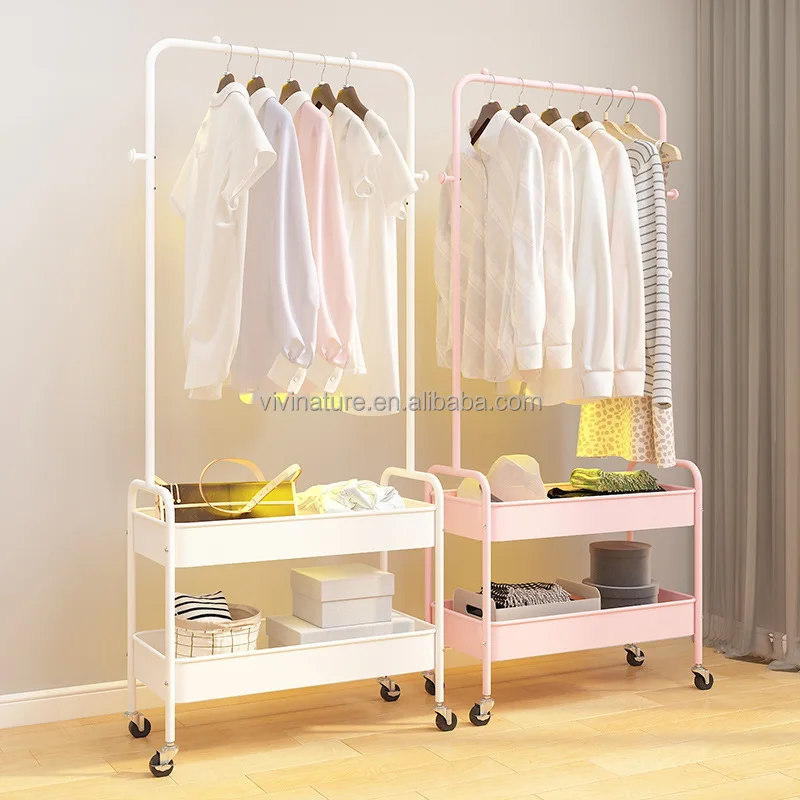 Garment Cloth Rolling Storage Metal Cart Clothes Organizer Coat Rack Storage Stand on Wheels