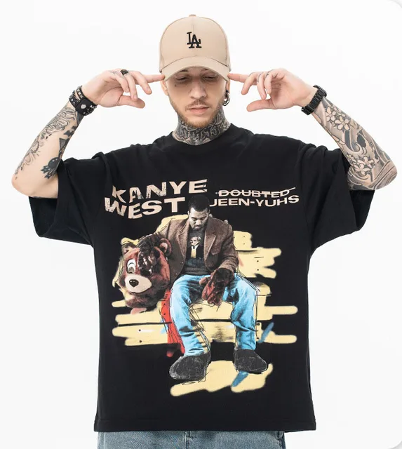 Hip hop kanye destroys bear print short sleeve T-shirt