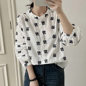 Women Vintage Floral Embroidered Cotton Shirt Fashion Jacquard Stand Collar Top