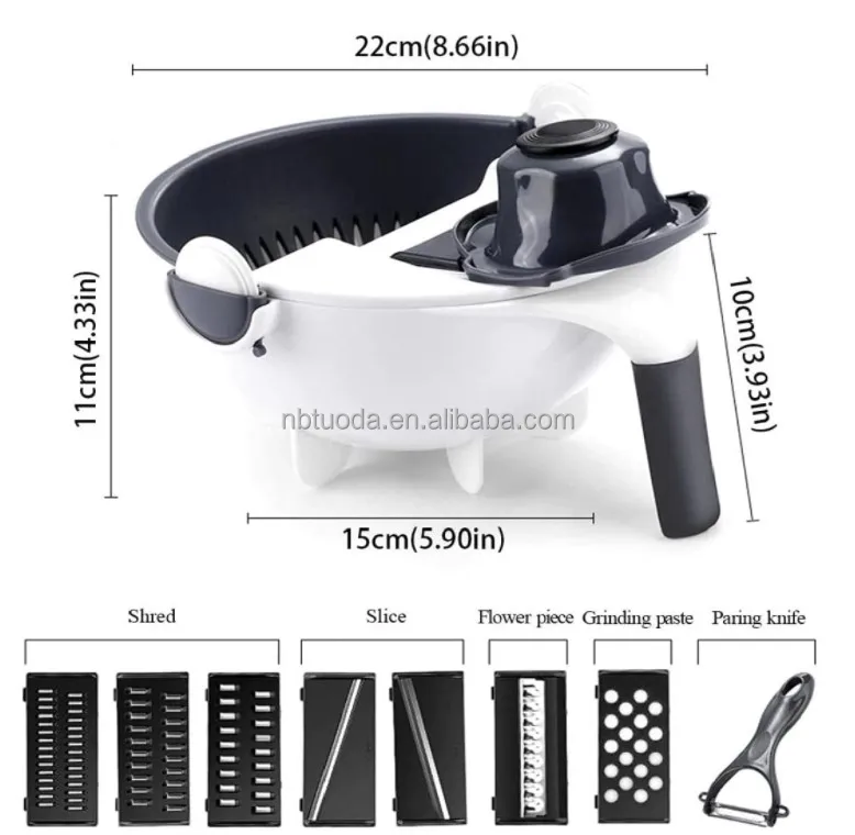 Factory Wholesale 9 in 1 Manual Rotate Veggie Slicer Grater Multifunctional Vegetable Chopper Cutter with Drain Basket