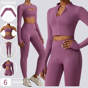 YISHENHON Custom Logo 4-Piece Yoga Suit Long Sleeve Zip Gym Fitness Set Women Workout Bra Shawl Jacket Leggings XL High-Waisted