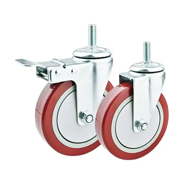 Red 4-inch Swivel Casters Wheels Heavy Duty PVC Casters Ball Bearing Iron Steel Rubber PU Customizable Brake Style Made China