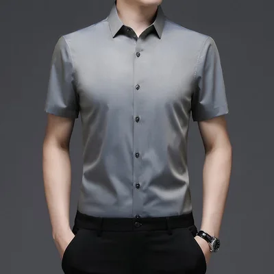 Short-Sleeved Shirt Men's Non-Iron Business Casual Pure Color Thin Silky Bamboo Fiber Summer New Clothing