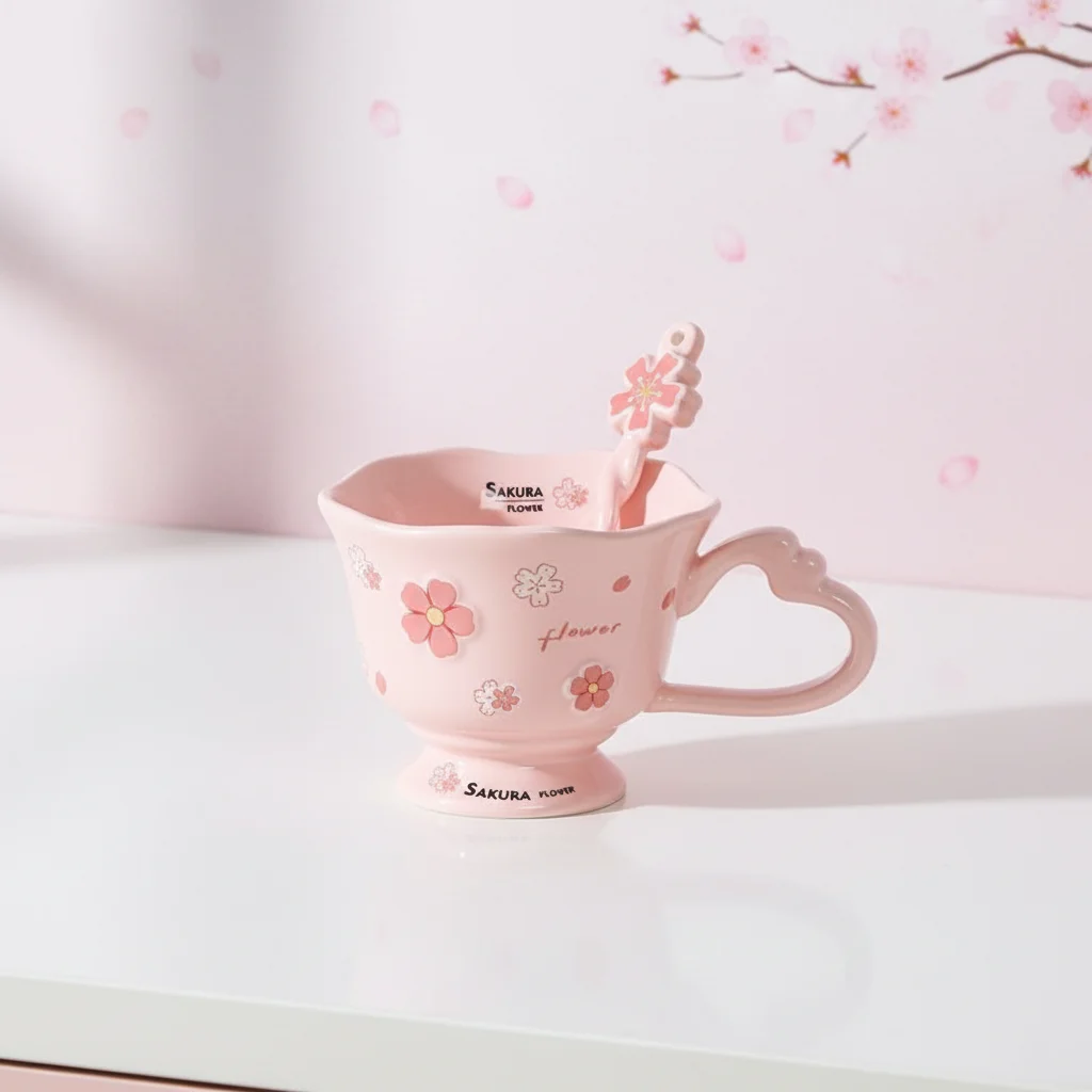 ceramiczna kubka o pojemności 360 ml w stylu kwiatów sakury z łyżeczką, urocliwa kubka do kawy z sercowym uchwytem i podstawką, kubka do herbaty z motywem wiśniowych kwiatów dla dziewcząt