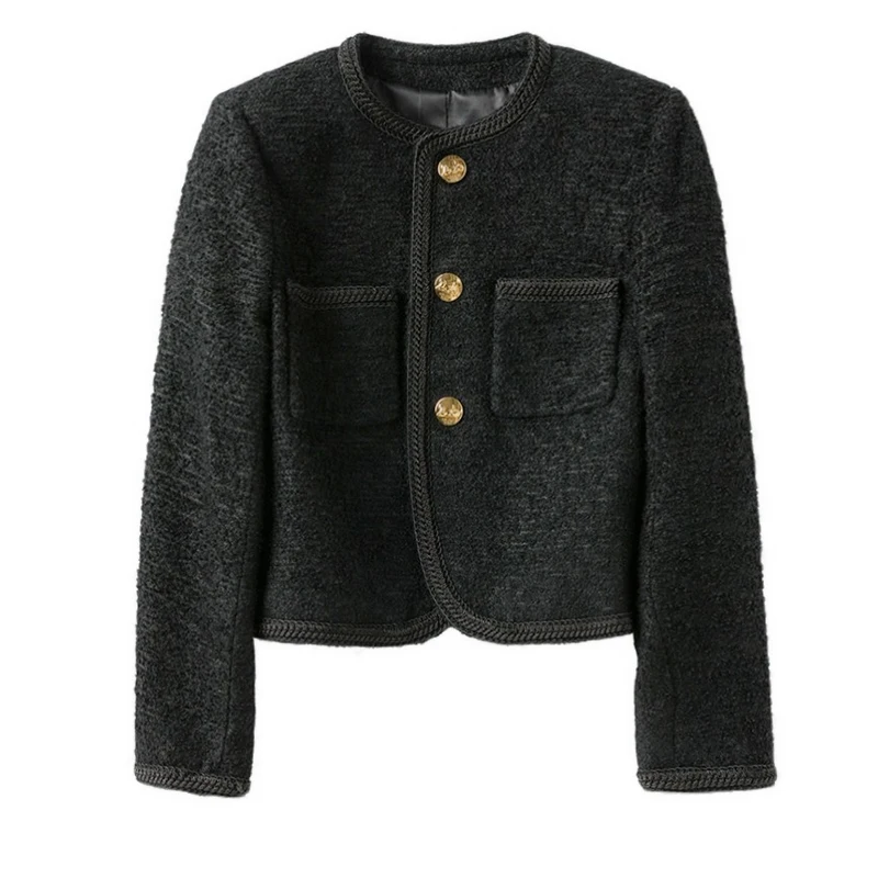 Autumn Winter Tweed Cropped Jackets Korean Fashion O-neck Single ...