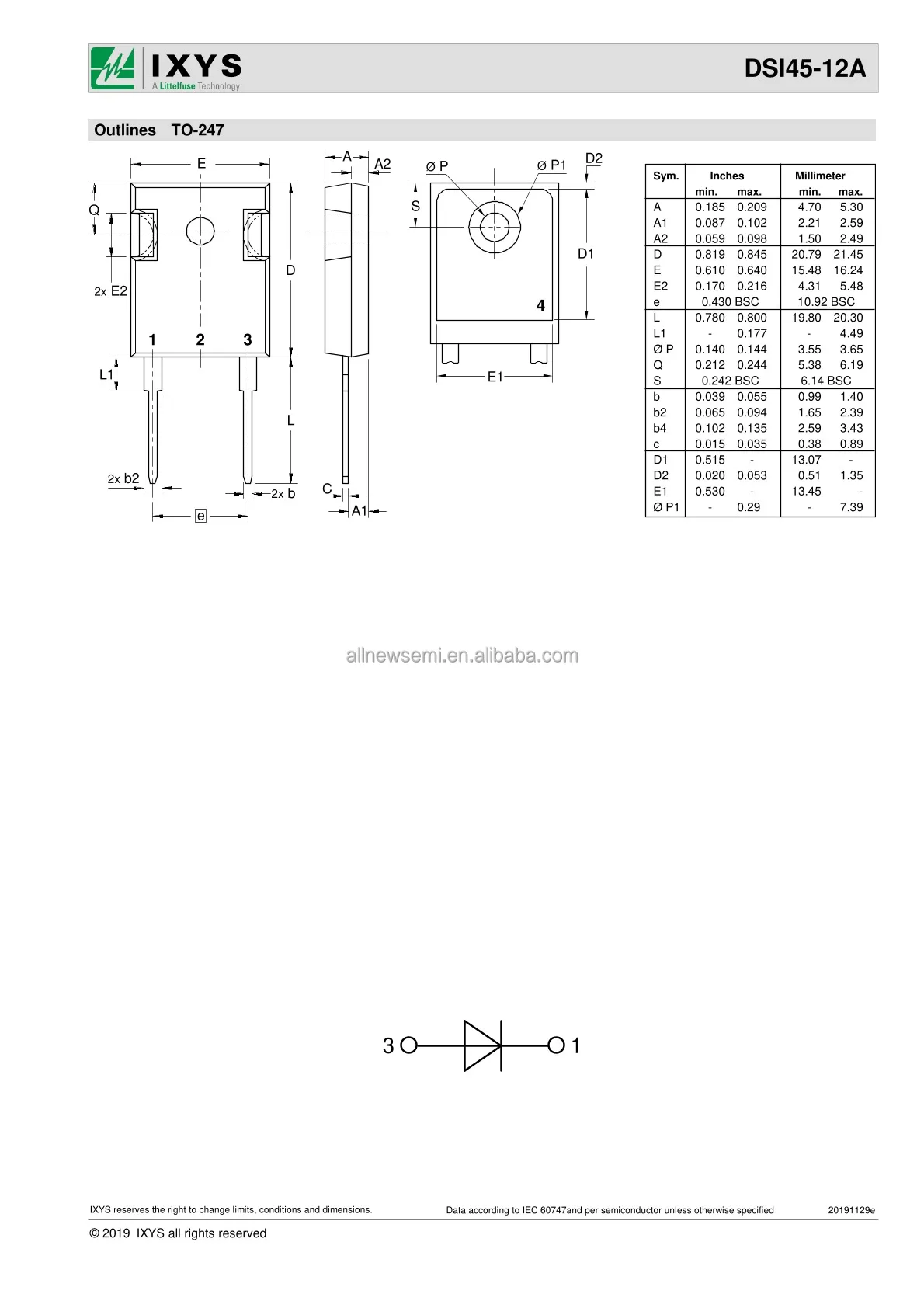 Hot sale Original DSI45-12A Rectifier Single Diodes GEN PURP 1.2KV 45A TO247AD Diode 1200 V Through Hole TO-247AD