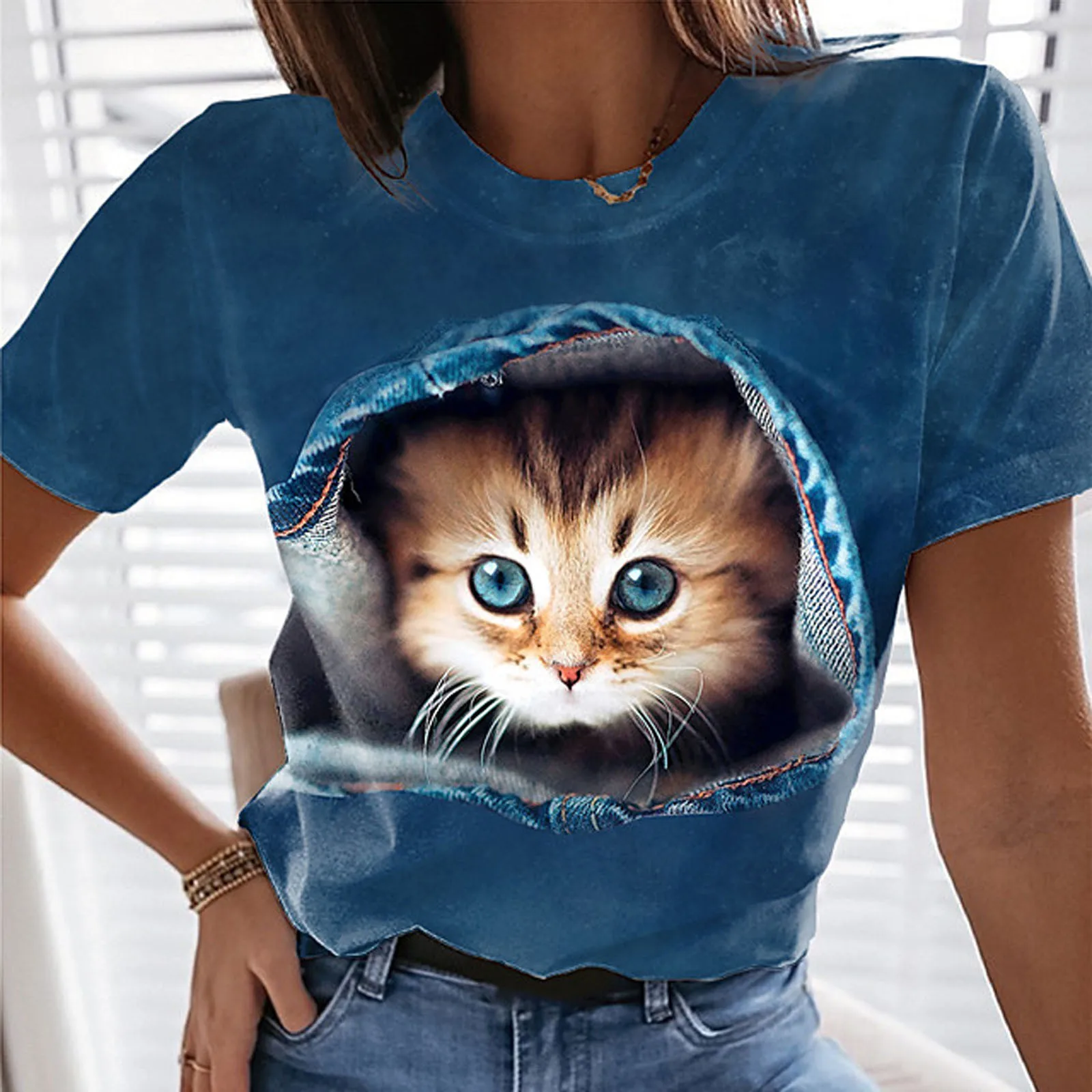 Womens Tops Miuye Summer Cute Cat Print Tops Short Sleeve T-Shirts Blouse Tunic Graphic tees Tanks 