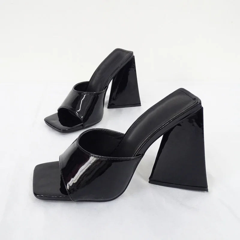 2023 New Fashion High-heeled Slippers  Outerwear Patent Leather Open Square Toe Chunky Heel Women Sandals - Image 6