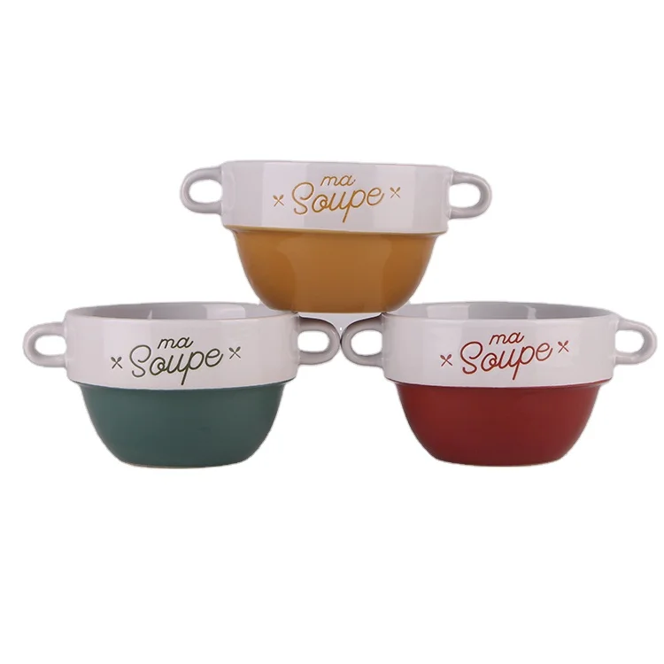 Customized  Restaurant Tableware Ceramic Two Handled Soup Bowl for Borsch  Screen Print Ceramic Bowl