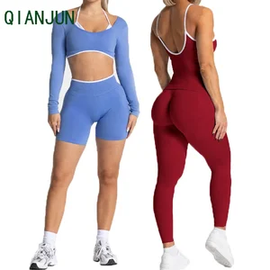 Wholesale Plus Size Yoga Clothes High Elasticity Women Long Sleeves Running Leggings Gym Tight Sport Bra Fitness Shorts